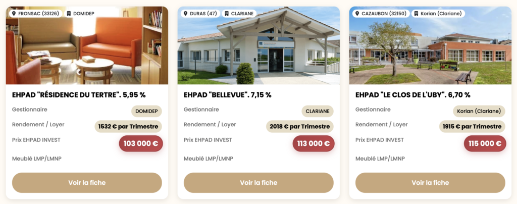 Exemple d'investissement en Ehpad proposés sur https://www.ehpad-invest.fr/