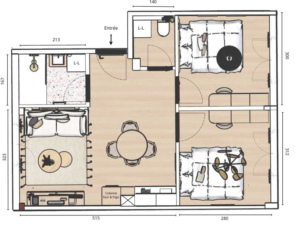 Exemple de plan d'agencement de colocation à Rouen, par nos architectes d'intérieur partenaires Ynspir.