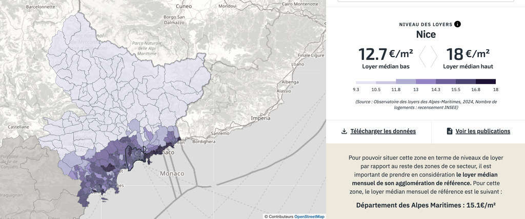 Cartographie des loyers à Nice selon https://www.observatoires-des-loyers.org/