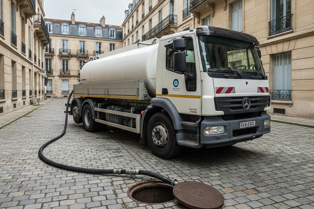 Camion hydrocureur intervenant dans la cour d'un immeuble