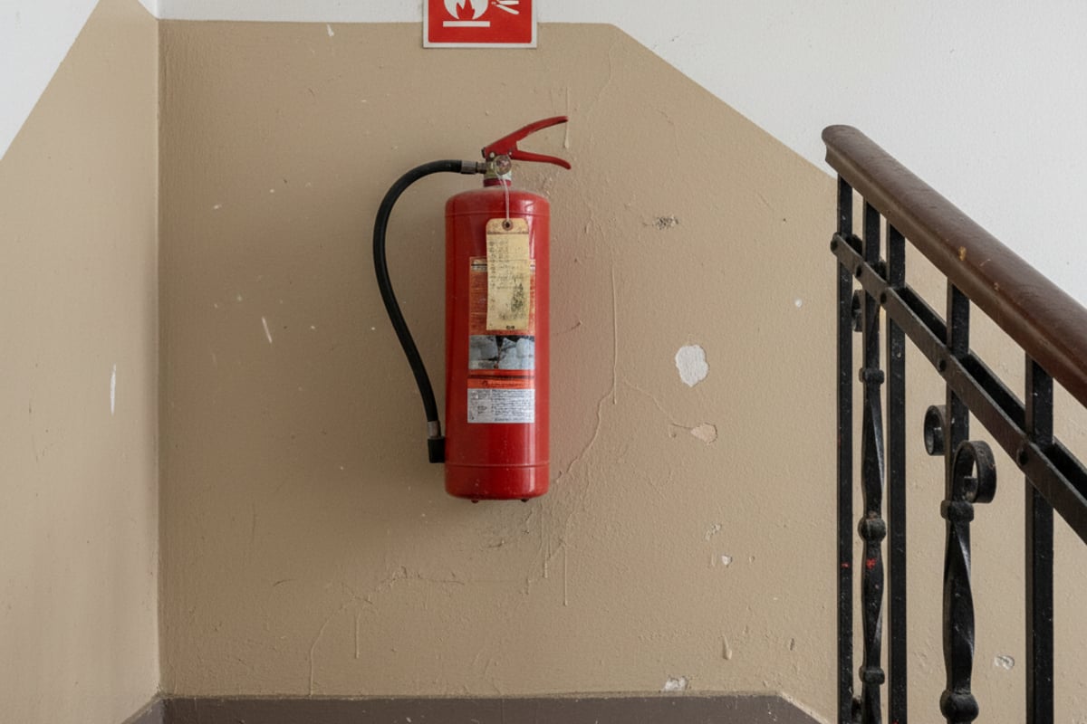 Extincteur et son étiquette de vérification annuelle dans une cage d'escalier d'immeuble