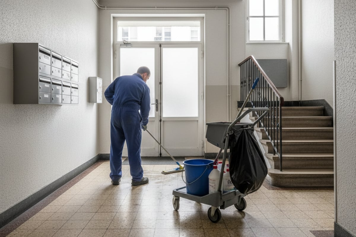 Agent d'entretien nettoyant le hall d'un immeuble d'habitation